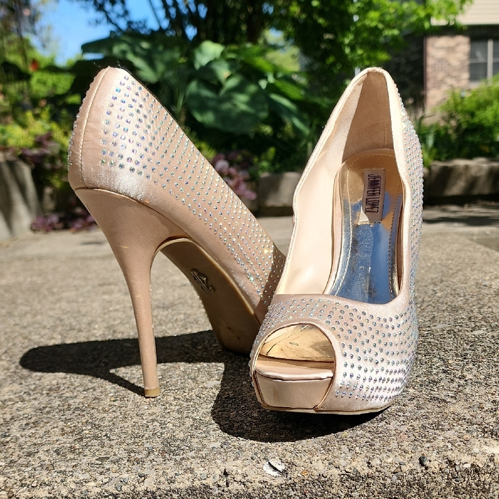 Jennifer Lopez Cream Crystal Embellished Stiletto Heels